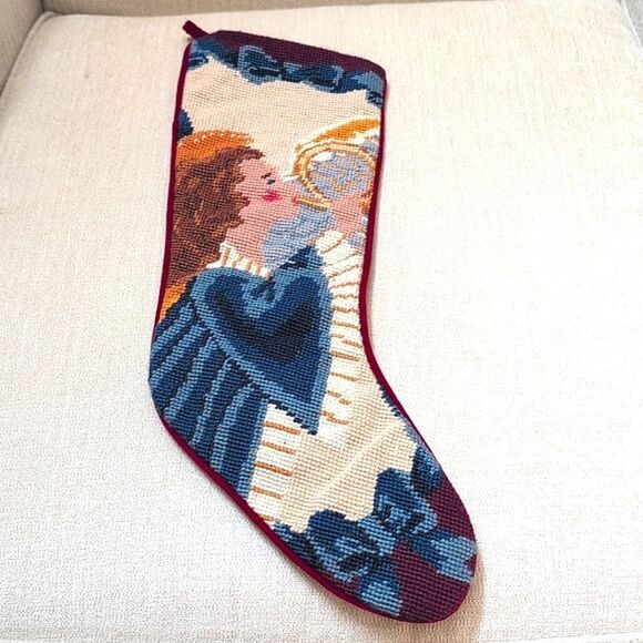 Handmade Wool Needlepoint Angel Christmas Stocking Cotton Velvet Backing Vintage - Picture 9 of 11